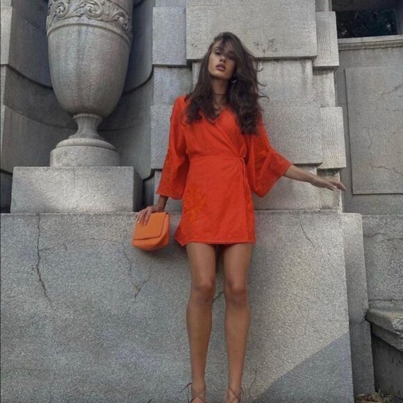 Zara Wrap Kimono Embroidered Dress Short Red New - Picture 8 of 9